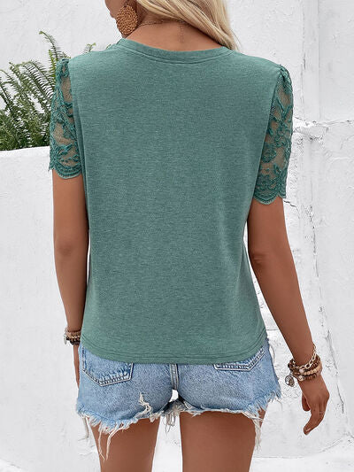 Lace Detail Short Sleeve Round Neck T-Shirt Shop One Place