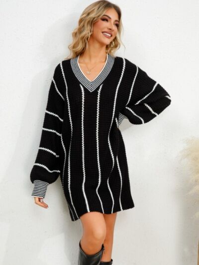 Striped V-Neck Long Sleeve Mini Dress Shop One Place
