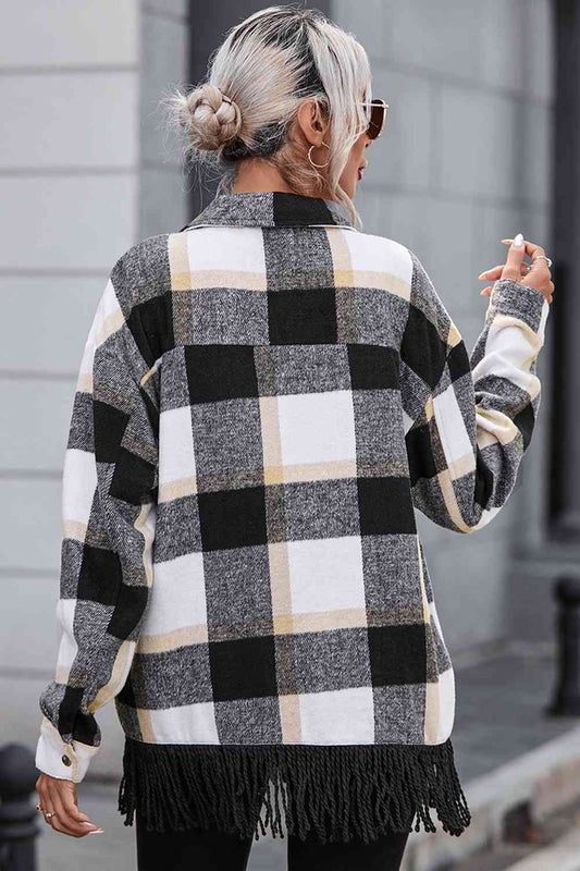 Plaid Collared Neck Snap Front Jacket Shop One Place
