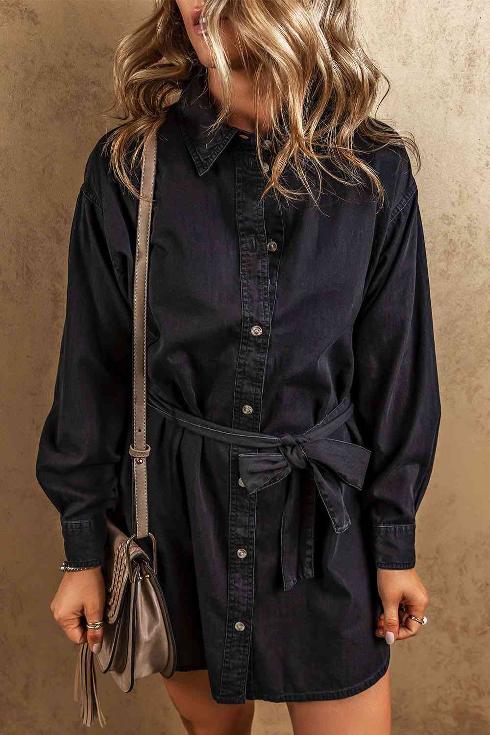 Button Up Collared Neck Denim Dress Shop One Place