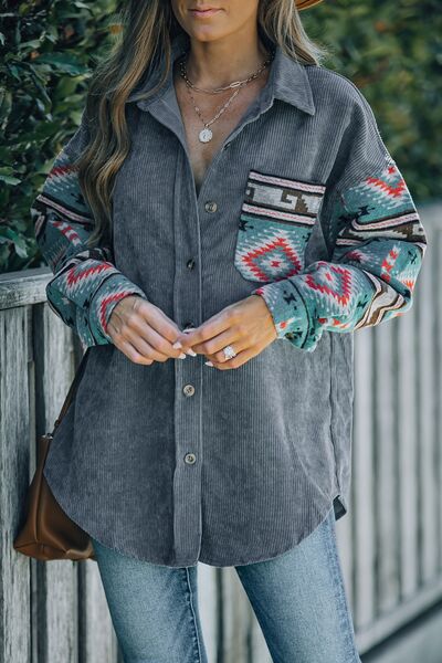 Geometric Button Up Dropped Shoulder Jacket Shop One Place