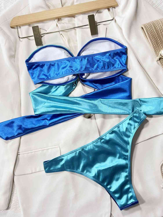 Two-Tone Ring Detail Tied Bikini Set Shop One Place