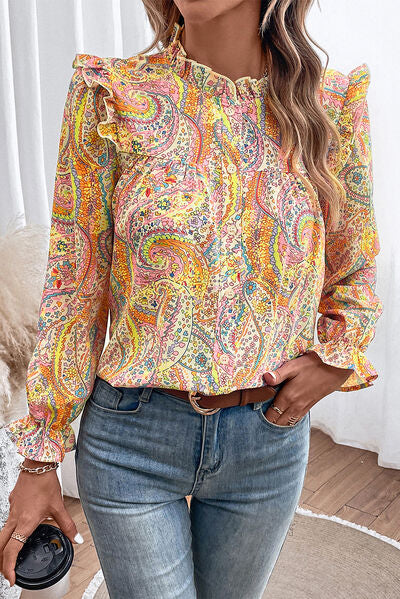 Printed Frill Flounce Sleeve Shirt Shop One Place