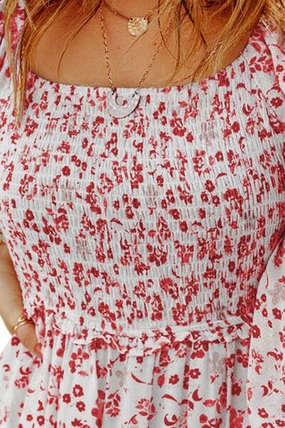 Smocked Floral Square Neck Balloon Sleeve Dress Shop One Place
