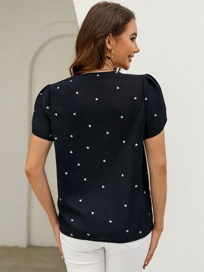 Heart Print Notched Petal Sleeve Blouse Shop One Place