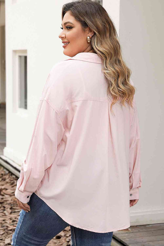 Plus Size Collared Neck Button Front Long Sleeve Shirt Shop One Place