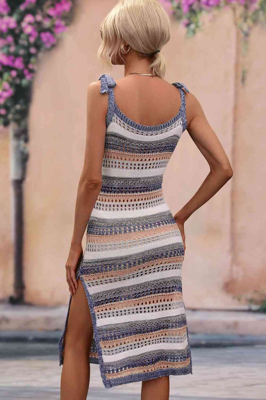Striped Tie Shoulder Split Cover Up Dress Shop One Place