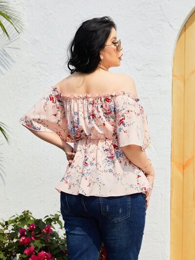 Plus Size Frill Printed Flutter Sleeve Blouse Shop One Place