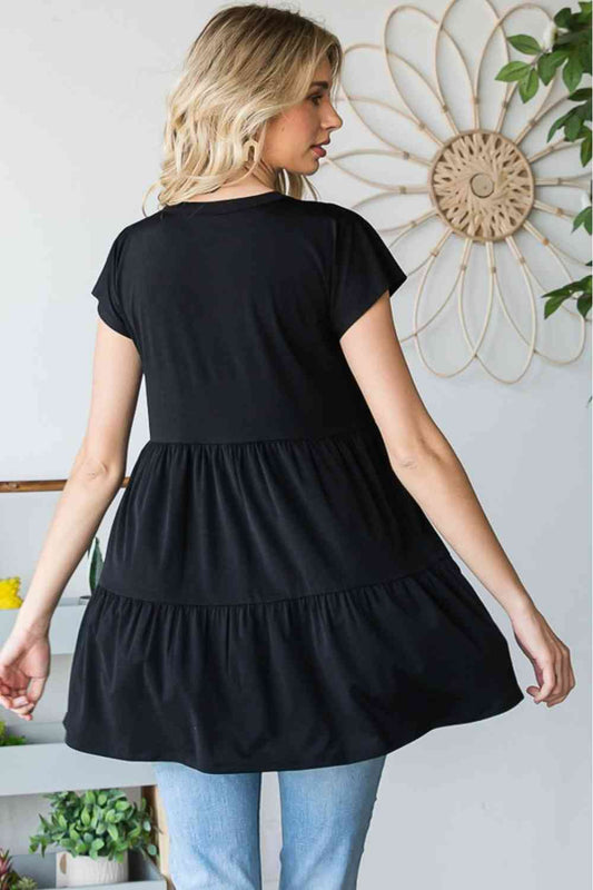 Heimish Full Size Buttoned V-Neck Tiered Top Shop One Place