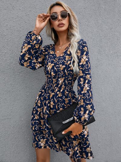 Floral Layered Surplice Balloon Sleeve Dress Shop One Place