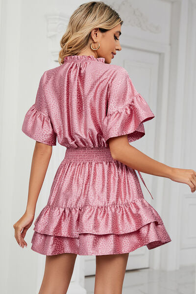 Smocked Tie Neck Flounce Sleeve Dress Shop One Place