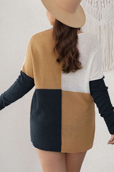 Plus Size Color Block Round Neck Sweater Shop One Place