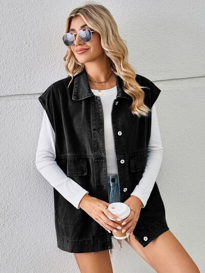 Pocketed Button Up Sleeveless Denim Jacket Shop One Place