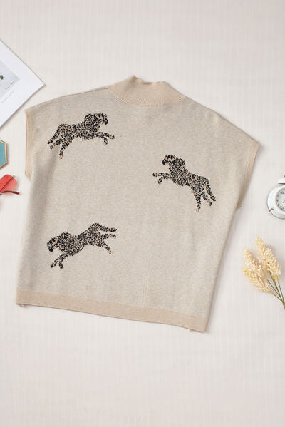 Animal Graphic Mock Neck Cap Sleeve Sweater Shop One Place