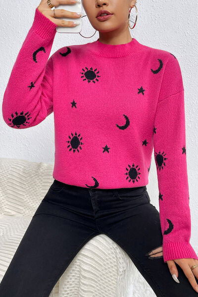 Graphic Mock Neck Dropped Shoulder Sweater Shop One Place