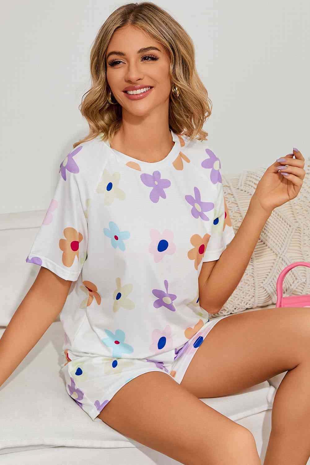 Floral Round Neck Raglan Sleeve Top and Shorts Lounge Set Shop One Place
