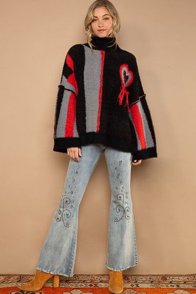 POL Turtleneck Color Block Fringe Detail Sweater Shop One Place