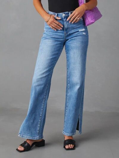 Slit Buttoned Jeans with Pockets Shop One Place