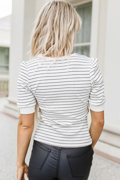 Striped Notched Short Sleeve T-Shirt Shop One Place