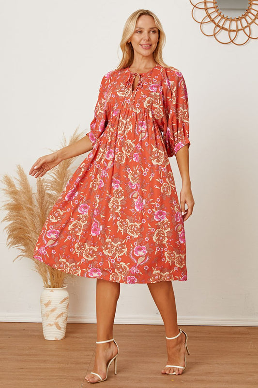 Floral Tie Neck Half Sleeve Dress Shop One Place