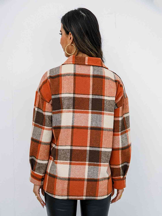 Plaid Button Up Collared Neck Jacket Shop One Place