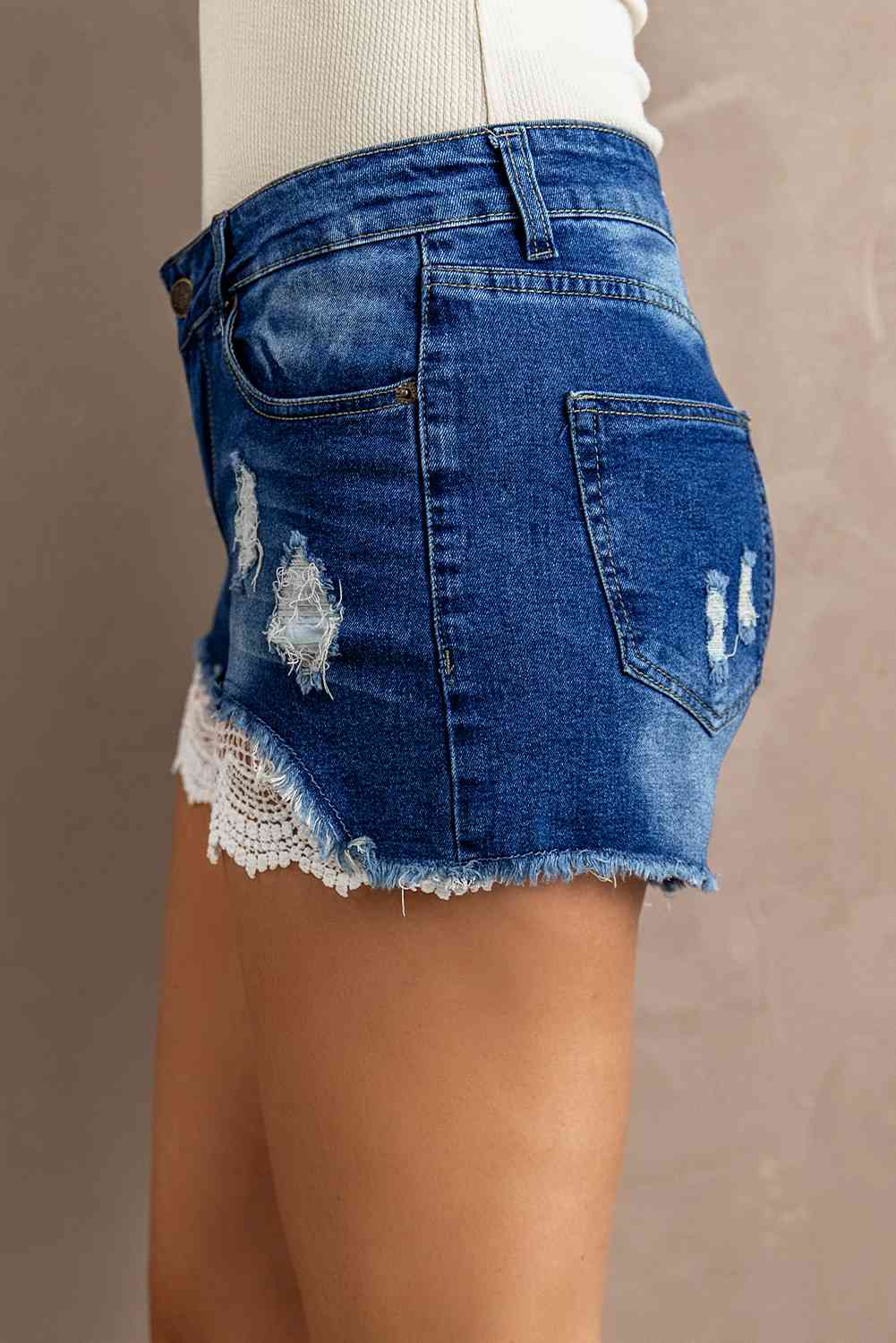 Spliced Lace Distressed Denim Shorts Shop One Place