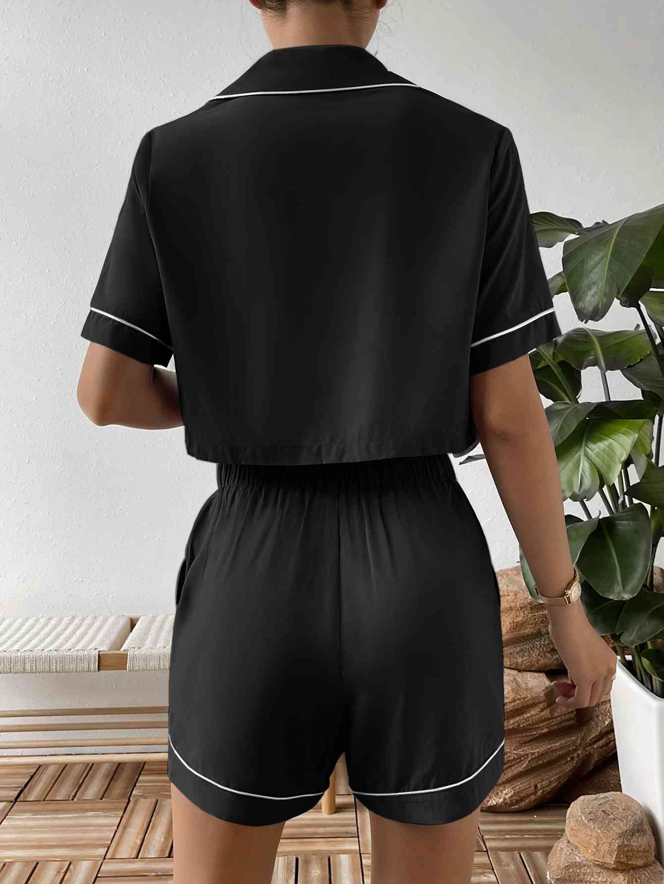 Contrast Lapel Collar Cropped Shirt and Shorts Lounge Set Shop One Place