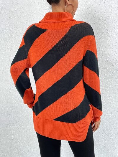 Striped Turtleneck Dropped Shoulder Sweater Shop One Place