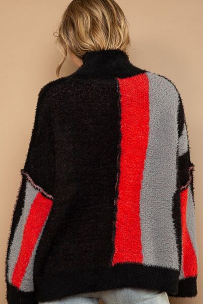 POL Turtleneck Color Block Fringe Detail Sweater Shop One Place