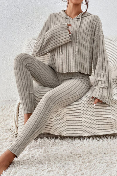 Lettuce Hem Dropped Shoulder Hooded Top and Pants Set Shop One Place