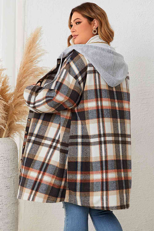 Plus Size Plaid Drop Shoulder Hooded Coat Shop One Place