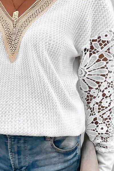 Plus Size Waffle-Knit Crochet V-Neck Blouse Shop One Place
