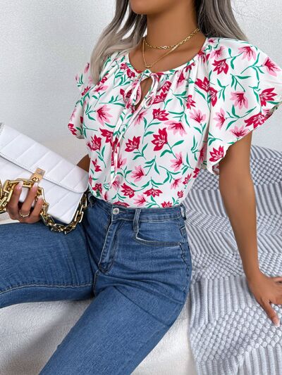 Floral Tie Neck Flutter Sleeve Blouse Shop One Place