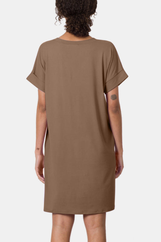 Zenana Rolled Short Sleeve V-Neck Dress Shop One Place
