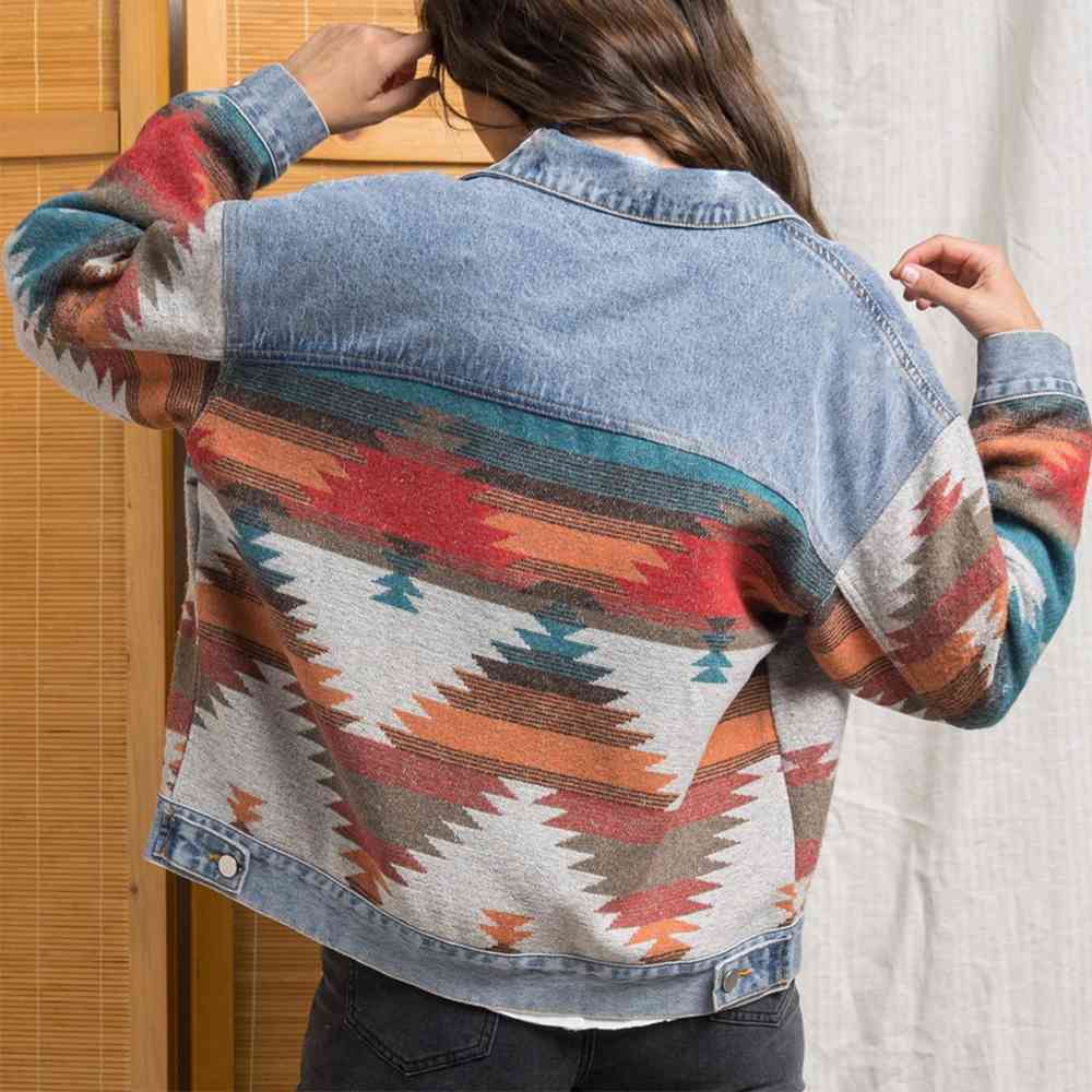 Printed Button Down Denim Shacket Shop One Place