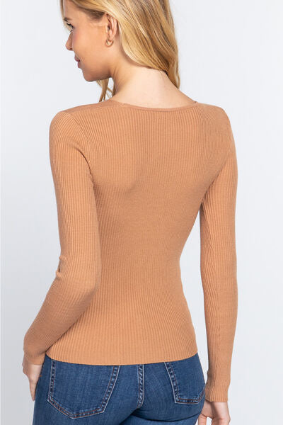 ACTIVE BASIC V-Neck Fitted Viscose Rib Knit Top Shop One Place