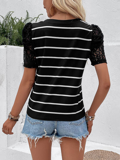 Striped Lace Detail Short Sleeve T-Shirt Shop One Place