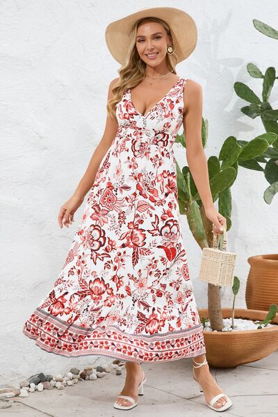 Printed V-Neck Wide Strap Dress Shop One Place