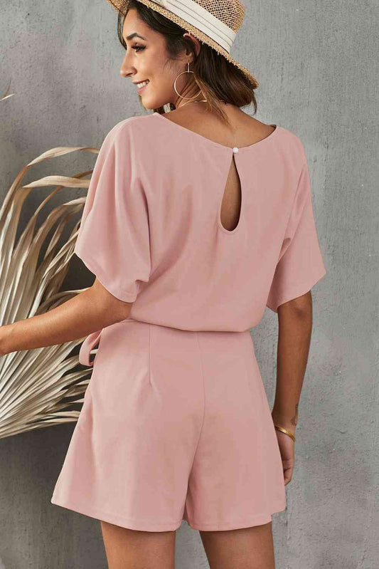 Tie Belt Short Sleeve Romper Shop One Place