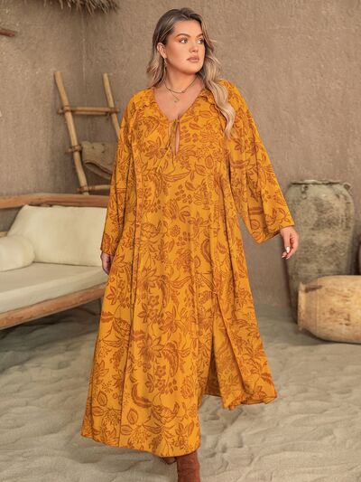 Plus Size Printed Slit Long Sleeve Dress Shop One Place