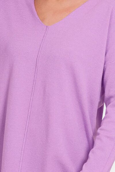 Zenana Slit V-Neck Dropped Shoulder Sweater Shop One Place