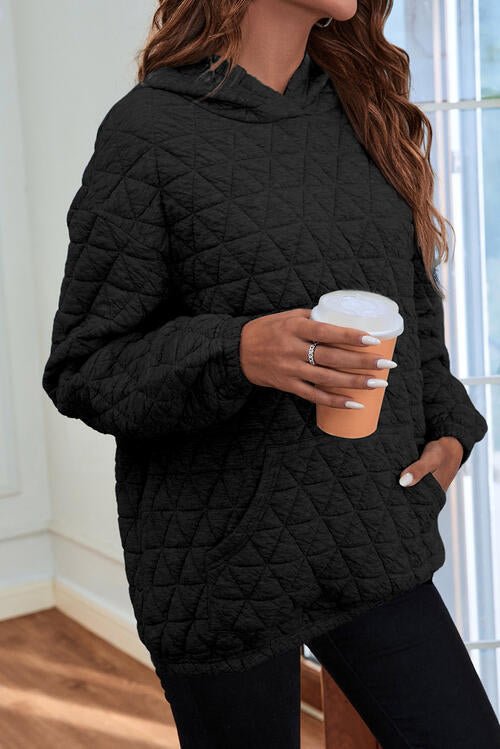 Quilted Long Sleeve Hoodie with Pocket Shop One Place