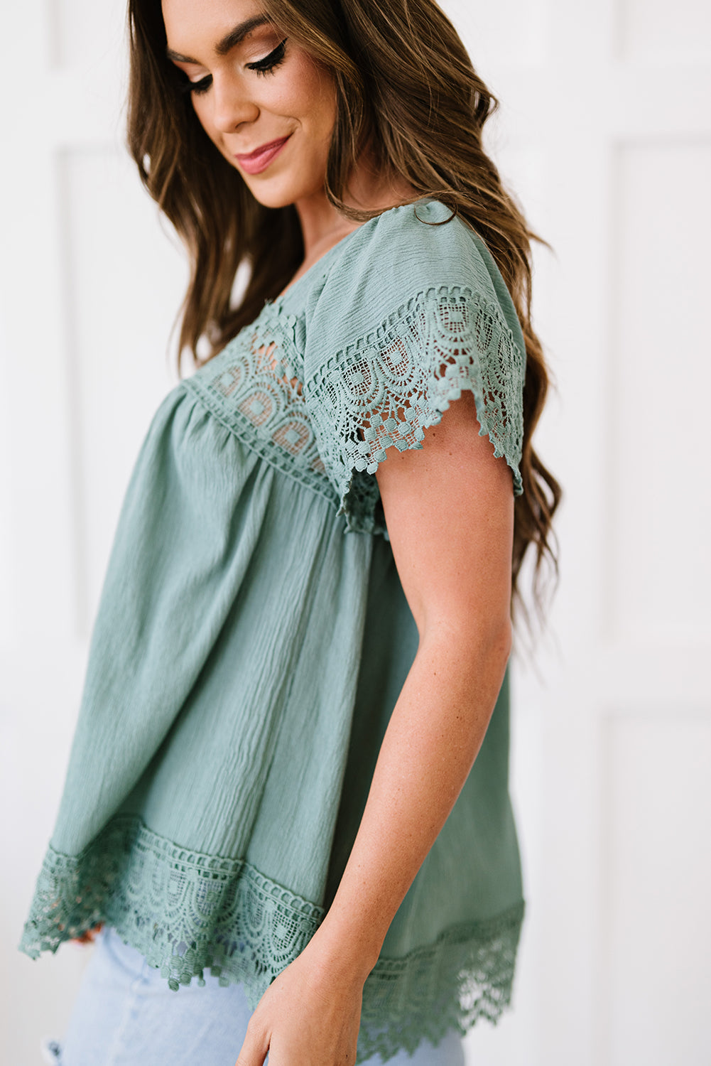 Lace Detail Square Neck Short Sleeve Blouse Shop One Place