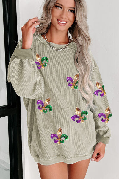 Sequin Round Neck Dropped Shoulder Sweatshirt Shop One Place
