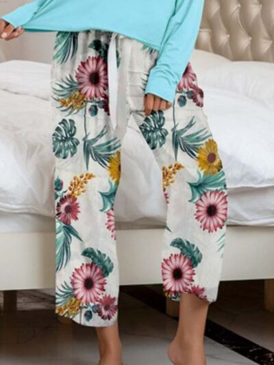 Round Neck Top and Printed Pants Lounge Set Shop One Place