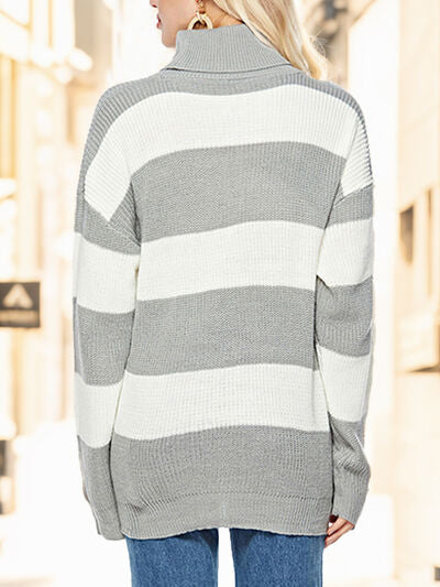 Striped Turtleneck Long Sleeve Sweater Shop One Place