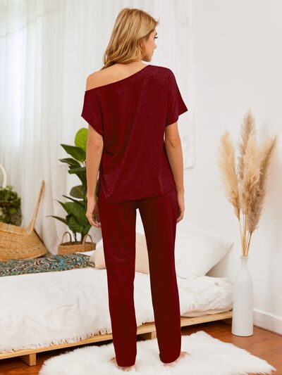 Round Neck Top and Pants Lounge Set Shop One Place