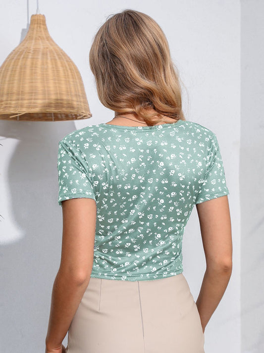 Floral Surplice Neck Short Sleeve Top Shop One Place