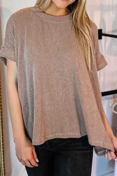 Textured Round Neck Short Sleeve T-Shirt Shop One Place
