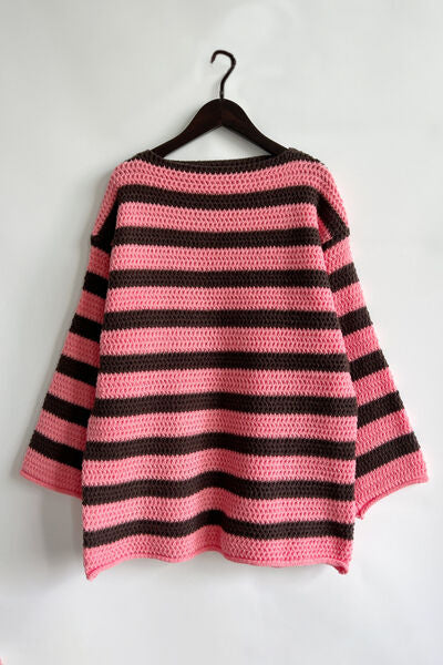 Striped Round Neck Dropped Shoulder Sweater Shop One Place